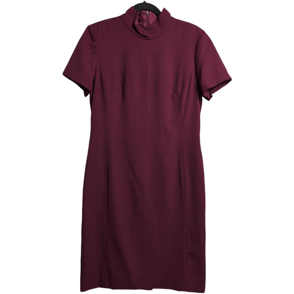Austin Reed Burgundy High Neck Short Sleeve Worsted Wool Dress Vintage Size 10